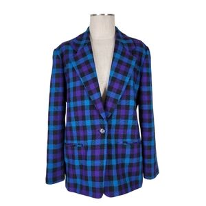 Leslie Fay Blazer Women Size 12 Blue Purple Black Check Pockets Long Wool Blend